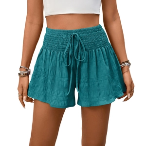 Women's high waist drawstring shorts with pleated texture in peacock blue and loose fit
