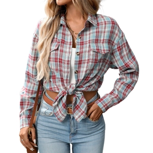 Women's casual plaid shirt with double pockets and tied waist in red blue white check