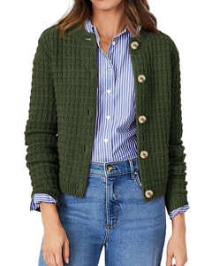 Detail of dark green knit cardigan featuring 3D mesh texture and wooden buttons