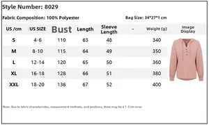 Größentabelle mit Maßen und Materialangabe für Kapuzenpullover aus 100 % Polyester