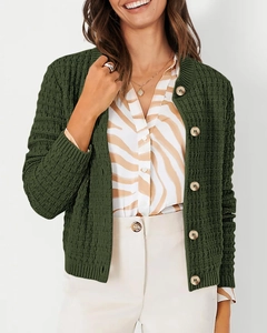 Detail of dark green knit cardigan featuring natural wood buttons and fine texture