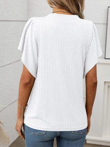 Vue de dos d'un t-shirt blanc à col rond avec manches à volants et texture côtelée