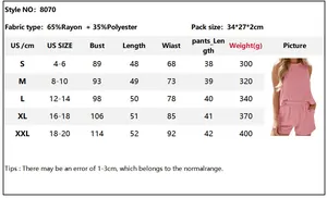 Detailed size chart for striped sleeveless vest and shorts set made of rayon blend fabric