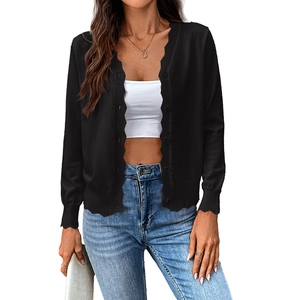 Women's black V-neck knit cardigan with wavy trim and single-breasted button closure