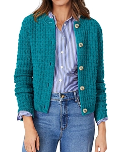 Detail of teal chunky knit cardigan with waffle texture and amber-toned buttons