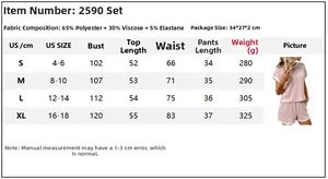 Detailed size chart for women's short sleeve lounge set with fabric and measurement specs