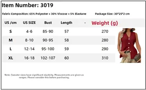 Detailed size chart for crochet v-neck cardigan vest with fabric and measurement guide