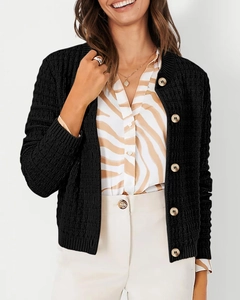 Close-up of black waffle knit cardigan texture with brown buttons and round neck detail