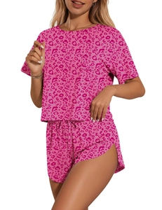 Detail of rose pink leopard print pajama set featuring short sleeves and drawstring shorts