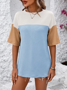 Detail of knit texture and tri-color block design on this women's short sleeve tee