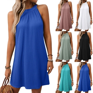 Women Halter Neck Sleeveless Dress Textured Loose Fit A-Line Summer Vacation Casual Mini Dress Solid Color Beach Sundress