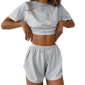 Women's two-piece striped pajama set with short sleeve t-shirt and drawstring shorts