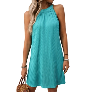 Turquoise halter neck A-line sleeveless maxi dress with vertical textured fabric for summer