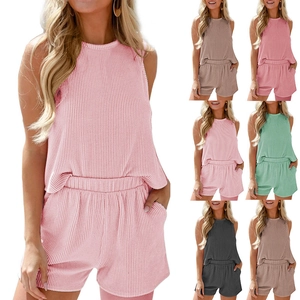 Women Casual Cotton Polyester Ribbed Knit Sleeveless Round Neck Top And High Waist Shorts With Pockets Loungewear Outfit