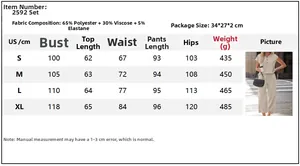 Size chart for women's two-piece set showing bust, waist, and length measurements in cm