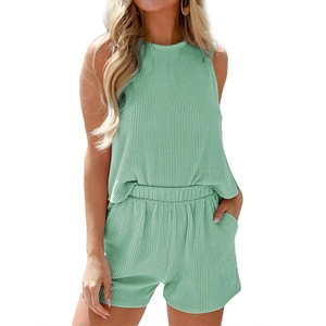 Women's summer ribbed sleeveless top and shorts two-piece set in mint green