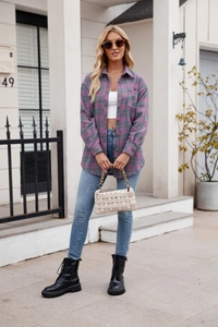 Relaxed fit flannel plaid shirt for women featuring soft brushed cotton and chest pocket