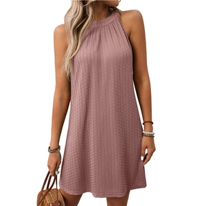 Sleeveless halter neck summer dress in dusty pink with textured pleats and loose fit