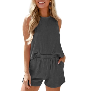 Women summer casual 2-piece rib-knit set with sleeveless round neck top and shorts