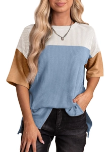 Close-up of ribbed texture and color-block stitching on this casual women's T-shirt