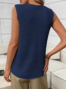 Back view of a navy blue sleeveless knit tank top featuring a fine ribbed texture