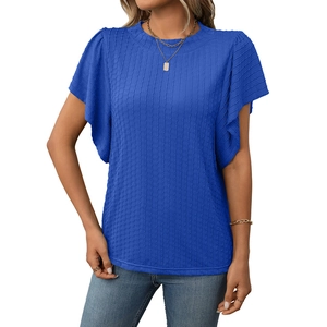 T-shirt bleu foncé à col rond avec texture plissée et manches à volants pour femmes