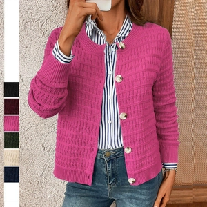 Women Casual Knit Cardigan Waffle Texture Round Neck Button Down Long Sleeve Sweater Outerwear For Autumn Winter