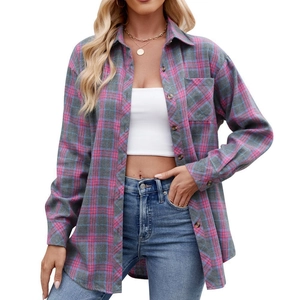 Women's casual plaid shirt with oversized fit and classic pink-blue check pattern