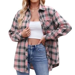Oversize pink and grey plaid long sleeve button-up shirt with front pocket and wood buttons
