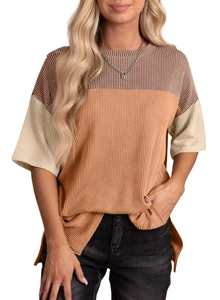 Close-up of three-color patchwork knit short sleeve T-shirt with vertical rib texture