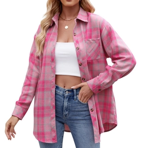 Women oversized pink and grey plaid flannel shirt with front pocket and button down closure