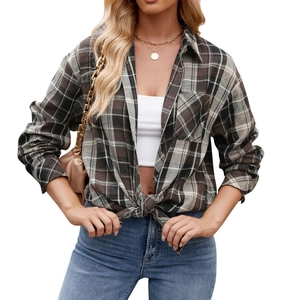 Women's oversized brown plaid button-down shirt with long sleeves and front chest pocket