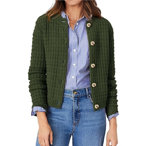 Dark green waffle knit cardigan with round neck and wooden buttons for women's casual wear