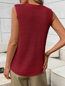 Detailed back view of a dark red ribbed knit sleeveless top for women's casual summer wear