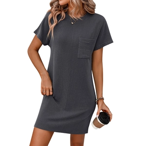 Women's casual short sleeve knit dress with striped texture and front chest pocket