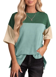 Detail view of waffle texture fabric and color-blocking design on short sleeve T-shirt