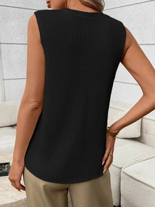 Detail view of the black sleeveless knitted vest with vertical ribbed texture and slim fit