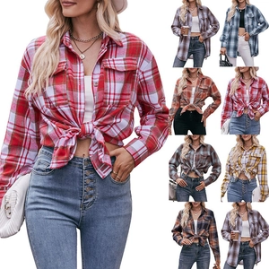 Women Casual Plaid Flannel Shirt Oversize Long Sleeve Turndown Collar Button Up Blouse Top For Autumn Winter Fashion