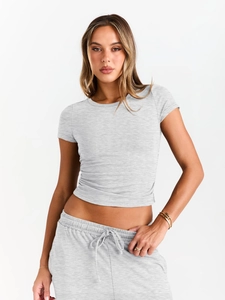 Detailed view of light gray slim fit crewneck t-shirt with elastic ribbed fabric texture