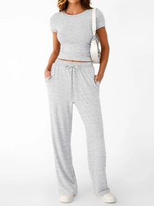 Detail of heather grey lounge set with elastic drawstring waist and side pockets