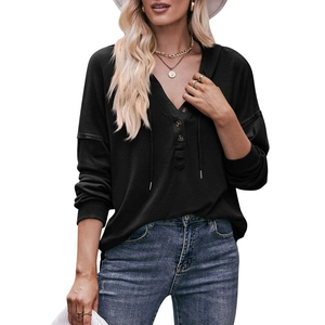 Damen Henley Kapuzenpullover in Schwarz mit Kordelzug und Waffelstrick für den Alltag