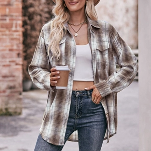 Oversize brown plaid flannel shirt jacket for women, casual autumn streetwear style