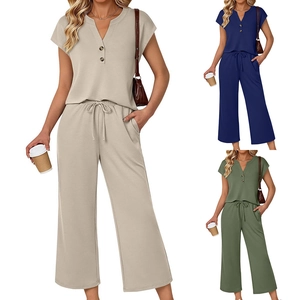 Women Casual V Neck Button Top And Drawstring Wide Leg Cropped Pants Polyester Knit Outfit For Summer Casual Wear