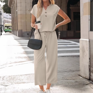 Women's chic beige two-piece leisure set with V-neck short sleeve top and wide-leg pants