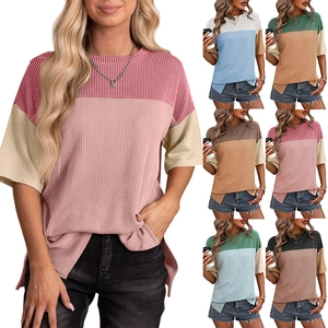 Women's Casual Color Block Ribbed T-Shirt Crew Neck Short Sleeve Loose Fit Side Slit Knit Rayon Summer Top