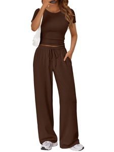Detail of chocolate brown short sleeve tee and high waist drawstring wide leg pants set