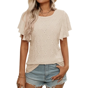 T-shirt da donna color albicocca traforata con maniche a volant e motivo a rombi