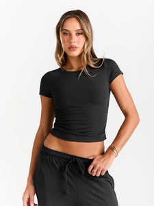 Close-up of black slim fit short sleeve t-shirt and drawstring joggers two-piece set
