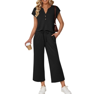Women's summer black two-piece lounge set with short sleeve V-neck top and wide leg pants