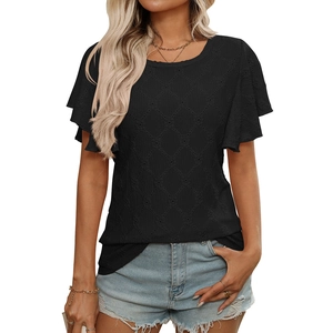T-shirt estiva nera da donna con dettagli in pizzo e maniche a volant sovrapposte